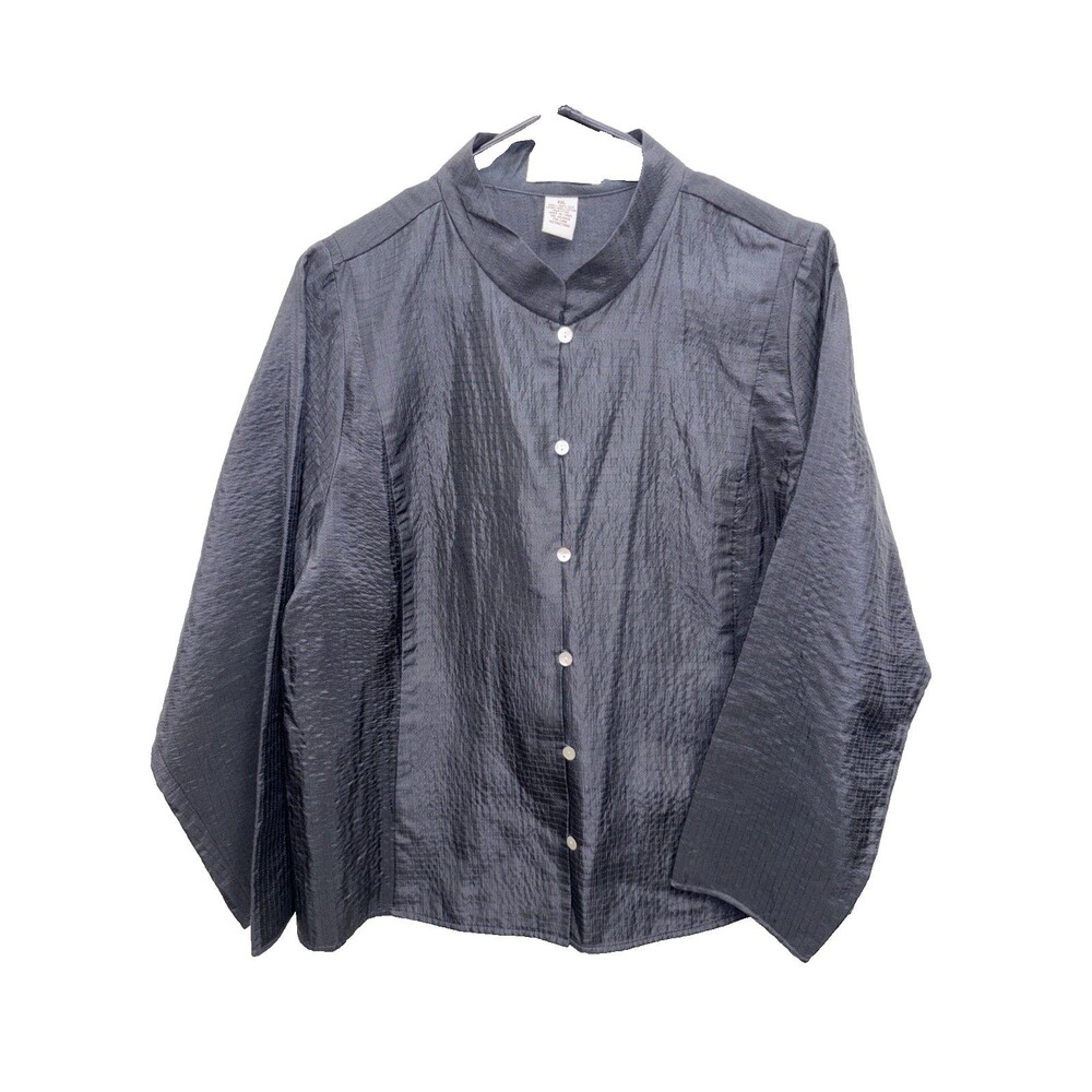 Linden Hill Women Black Silk Quilted Mandarin Collar Long Sleeve Blouse XXL